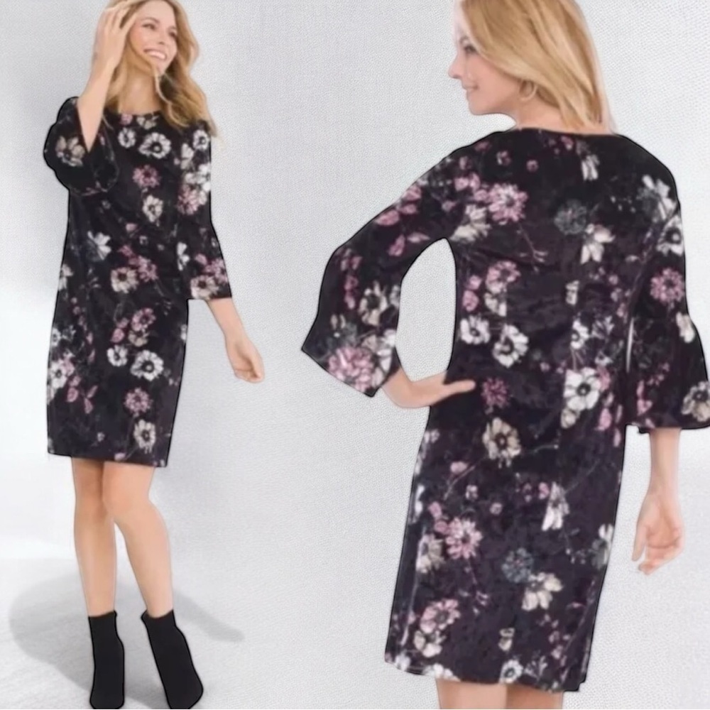 Chico's Velvet Floral Dress Size Medium 3/4 Bell Sleeve Pullover Stretch EUC - Picture 2 of 9